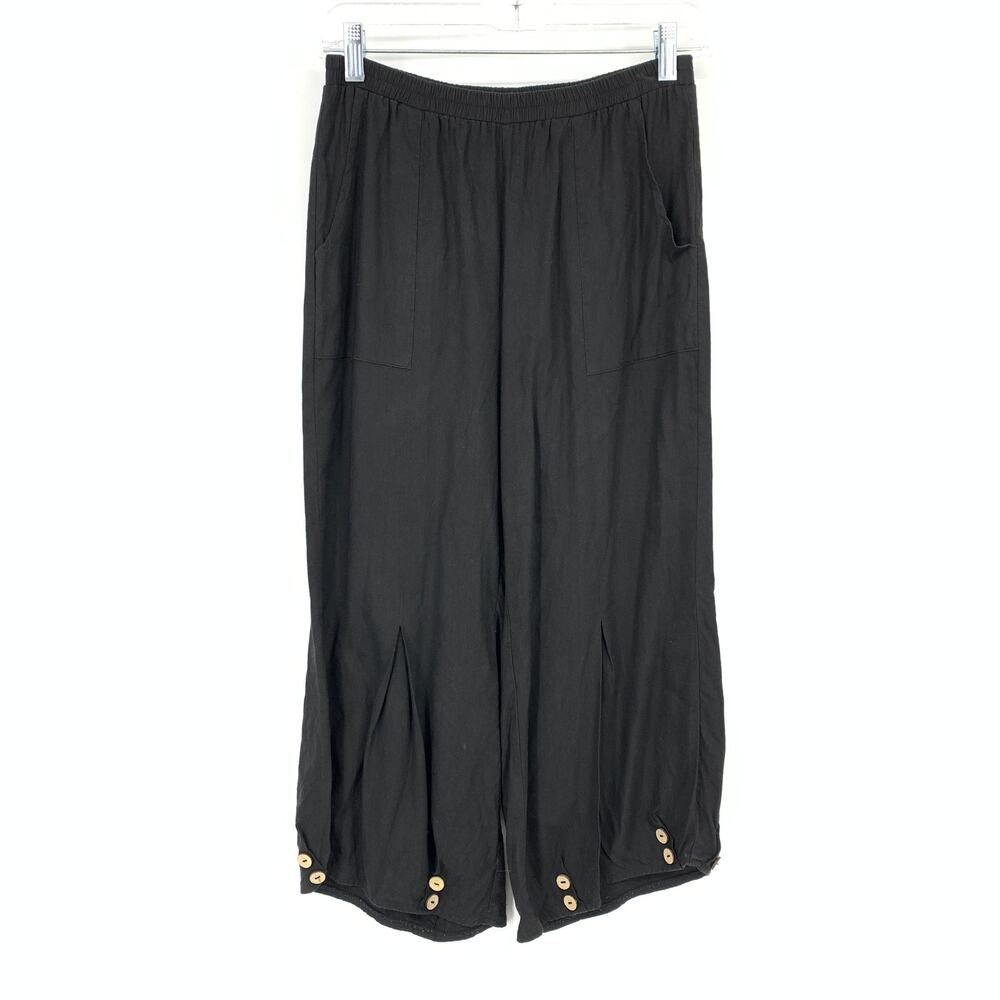 Soft Surroundings Capri Wide Leg Pants Womens XS Black Boho Pleated Button Hem